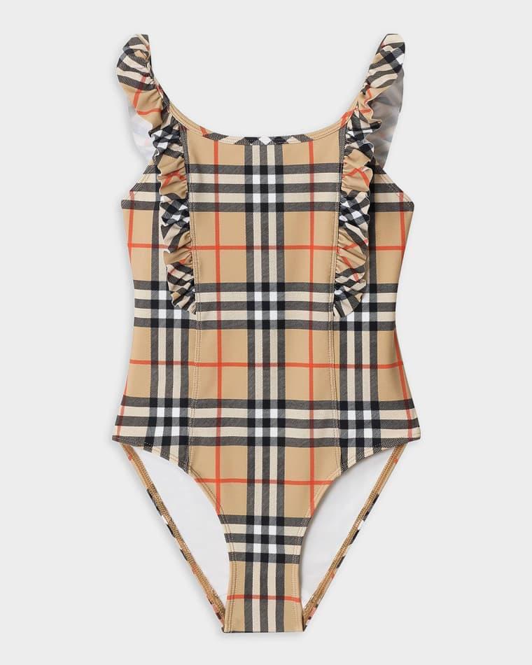 Girl's Ruffle-Trim Check One-Piece Swimsuit, Size 3-14 by BURBERRY