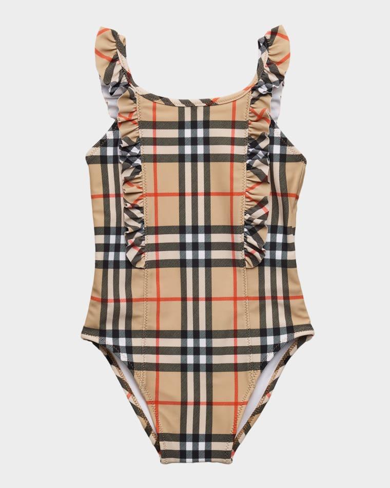 Girl's Tilly Ruffle-Trim Check One-Piece Swimsuit, Size 6M-3 by BURBERRY