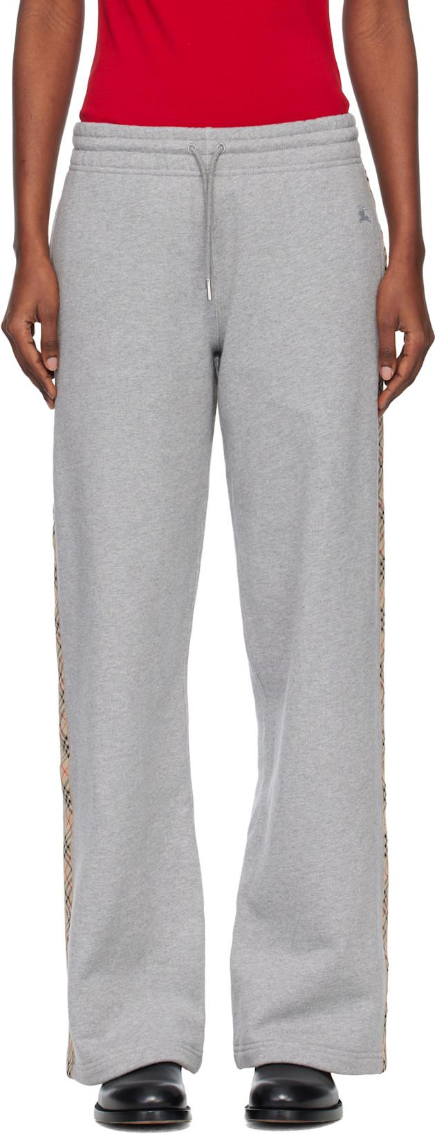 Gray Check Trim Cotton Track Pants by BURBERRY