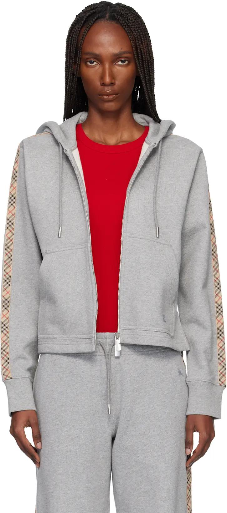 Gray Check Trim Cotton Zip Hoodie by BURBERRY