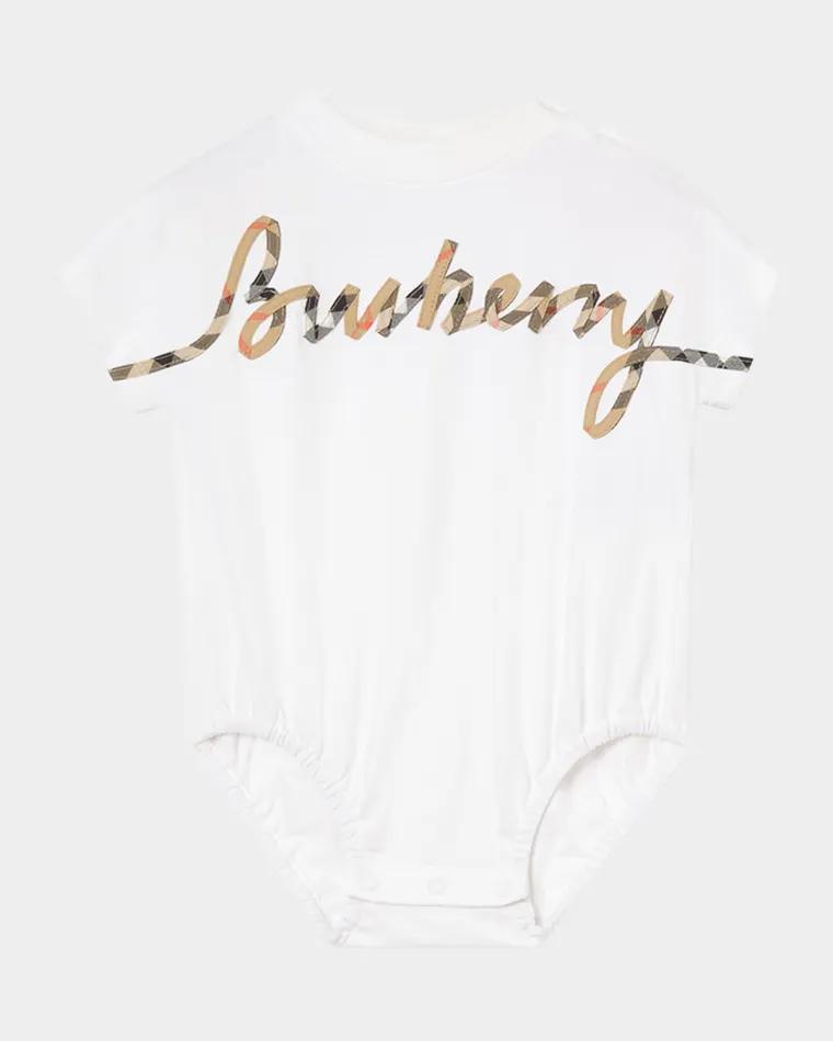 Kid's Dolby Check Cursive Logo Cotton Bodysuit, Size 1M-18M by BURBERRY