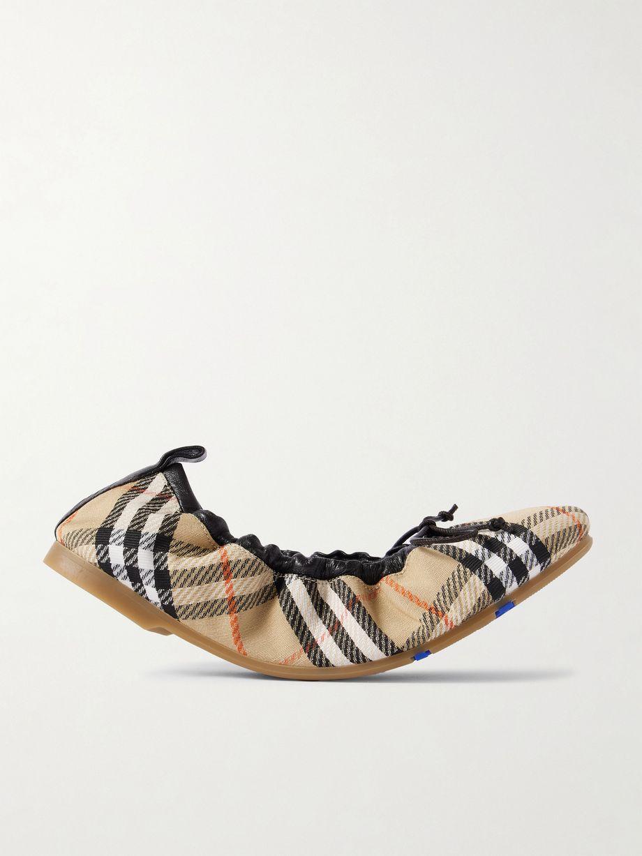 Leather-trimmed checked canvas ballet flats by BURBERRY