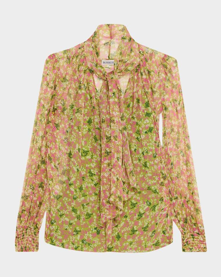 Lila Floral Silk Scarf-Tie Blouse by BURBERRY