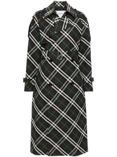 Long Check Cotton Blend Trench Coat by BURBERRY