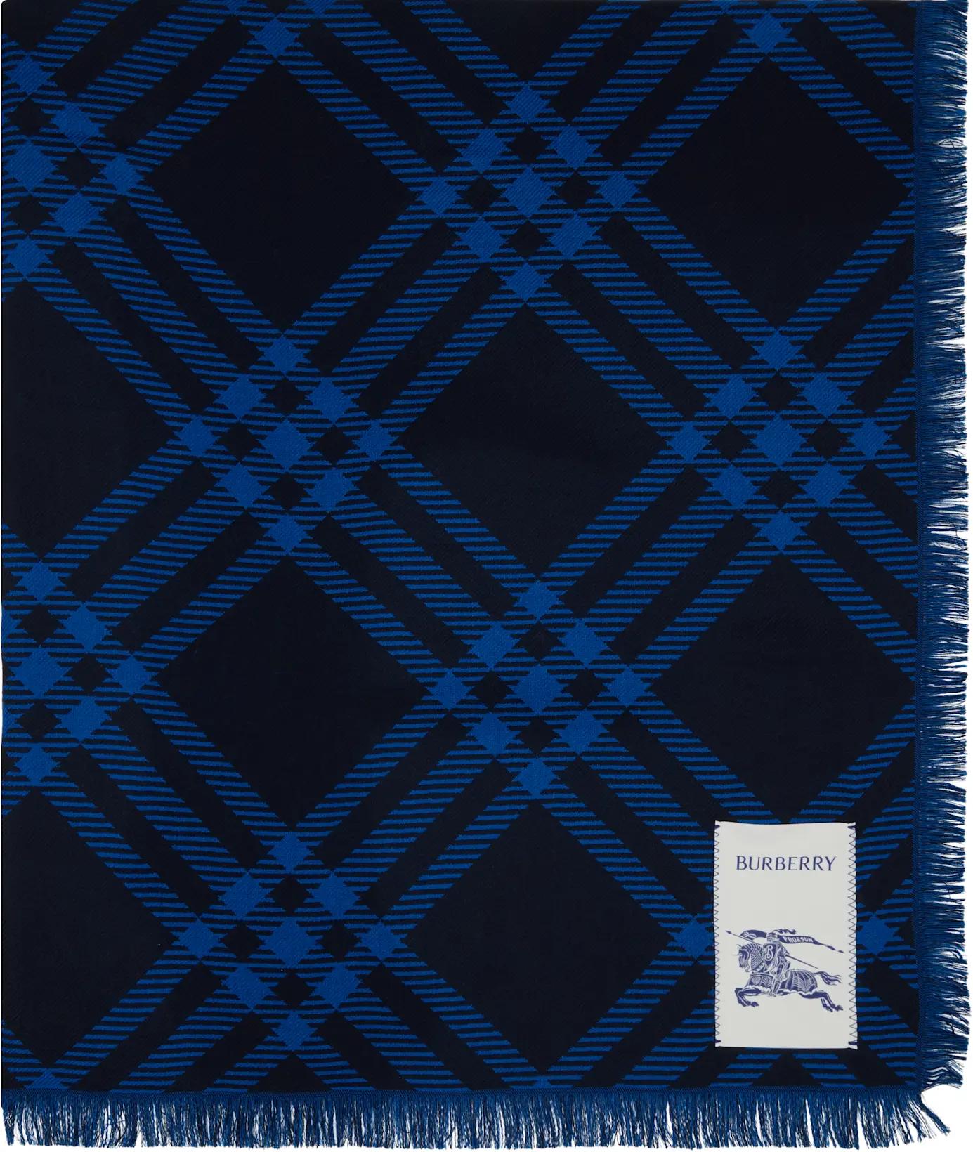 Navy Wide Check Wool Silk Scarf by BURBERRY