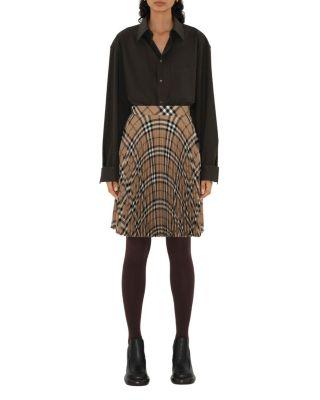 Pleated Check Wool Blend Skirt by BURBERRY