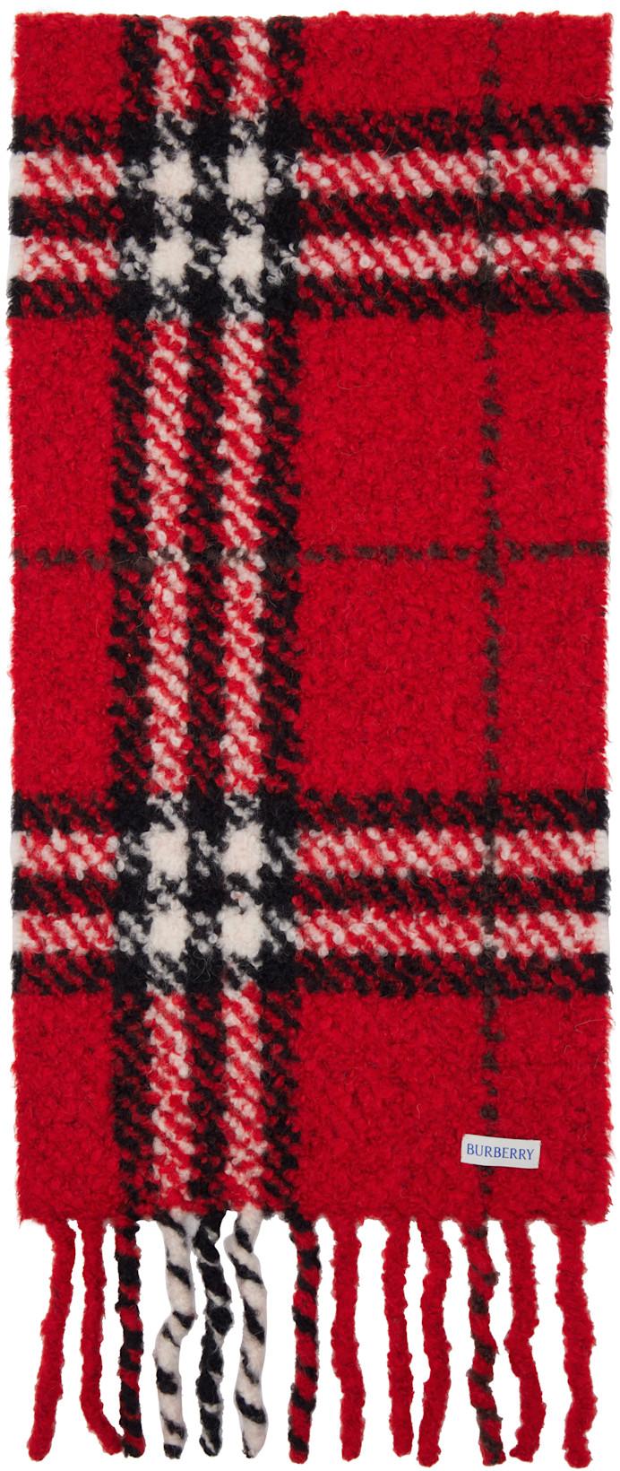 Red Check Alpaca Wool Blend Bouclé Scarf by BURBERRY