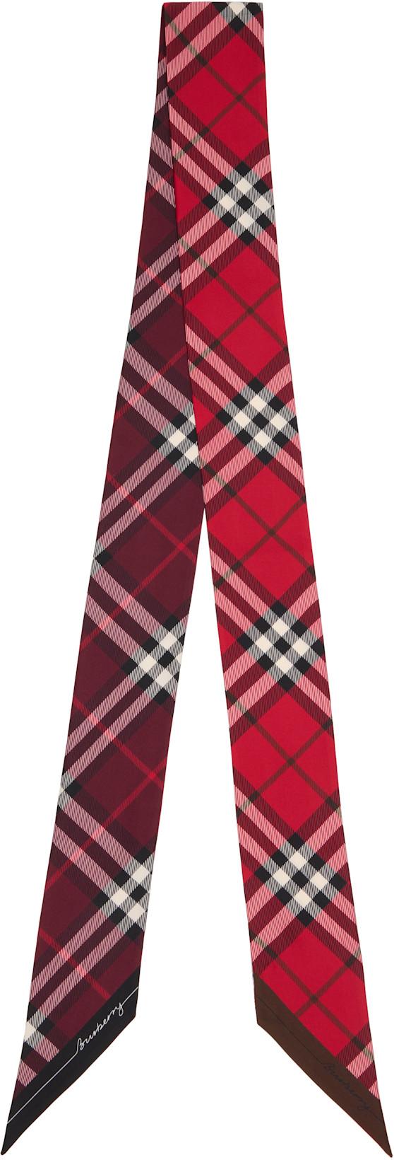 Red & Burgundy Skinny Contrast Check Silk Scarf by BURBERRY