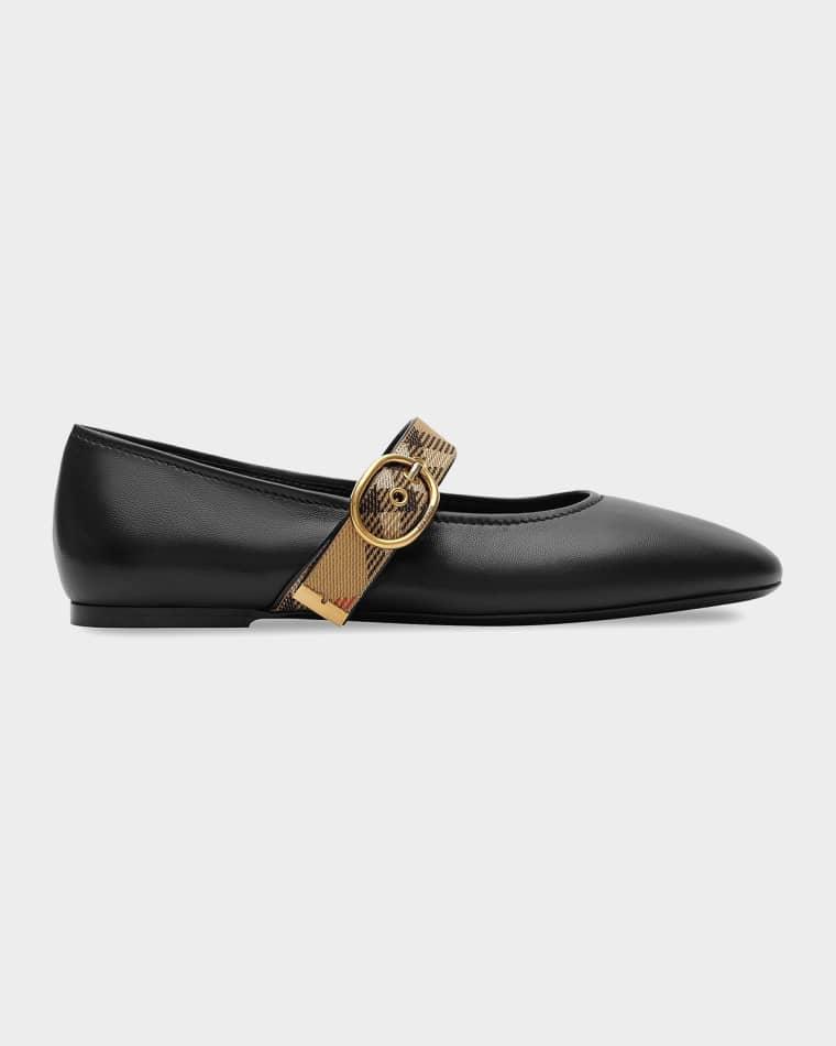 Robin Check-Strap Leather Ballerina Flats by BURBERRY