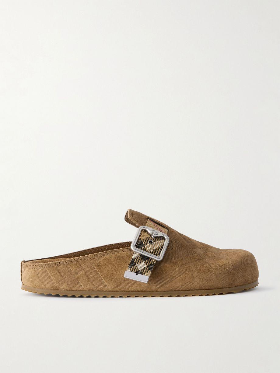 Urchin canvas-jacquard trimmed textured-suede clogs by BURBERRY
