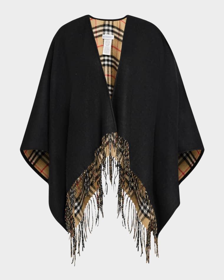 Vintage-Style Check Fringed Wool Cape by BURBERRY