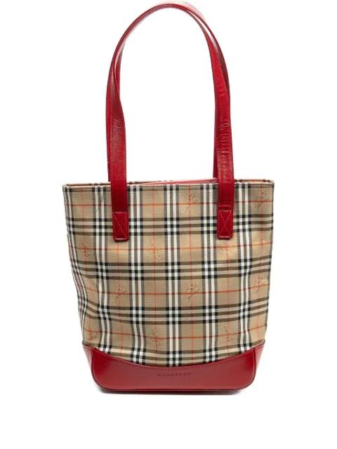 check-pattern leather-trimmed tote bag by BURBERRY 