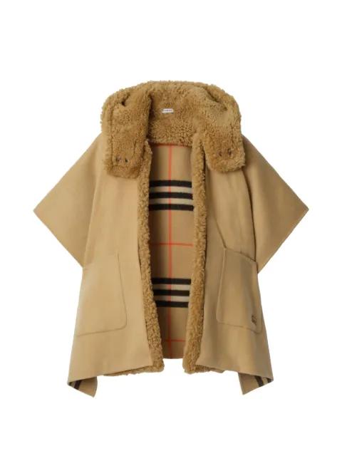 reversible shearling trim check cashmere cape by BURBERRY