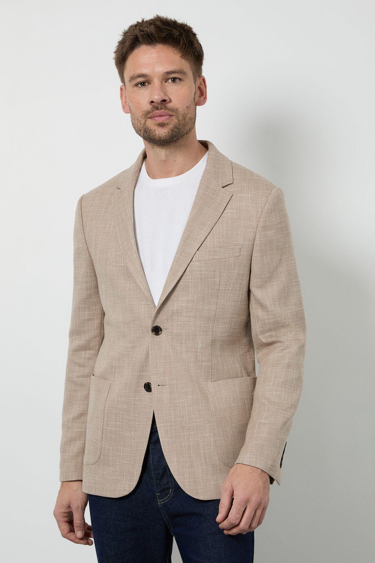 Beige Textured Patch Pocket Slim Fit Blazer by BURTON