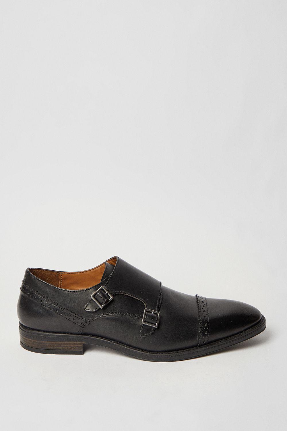 Black Leather Smart Monk Strap Brogue Shoes by BURTON