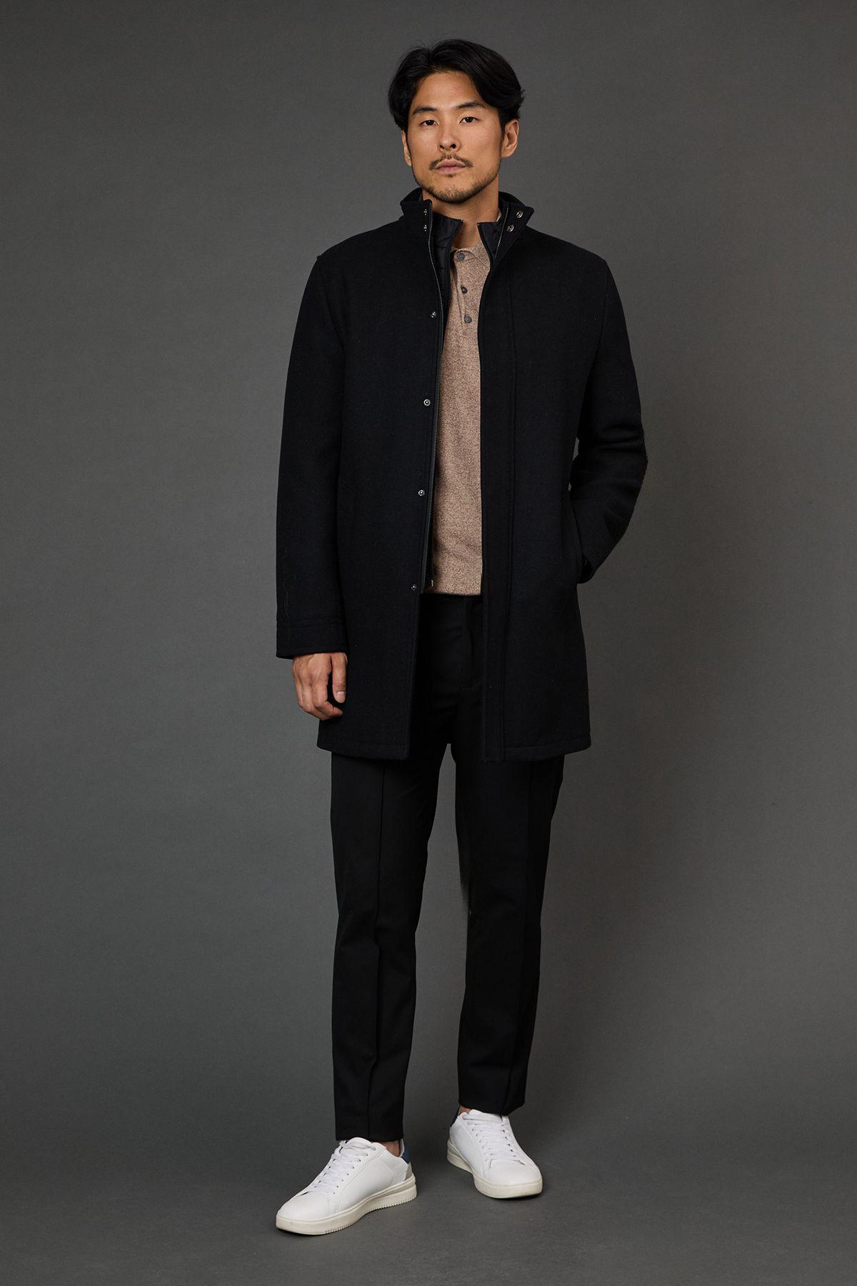 Black Signature Funnel Neck Wool Blend Coat With Insert by BURTON