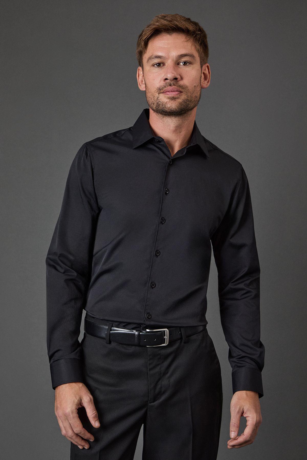Black Skinny Fit Long Sleeve Easy Iron Shirt by BURTON