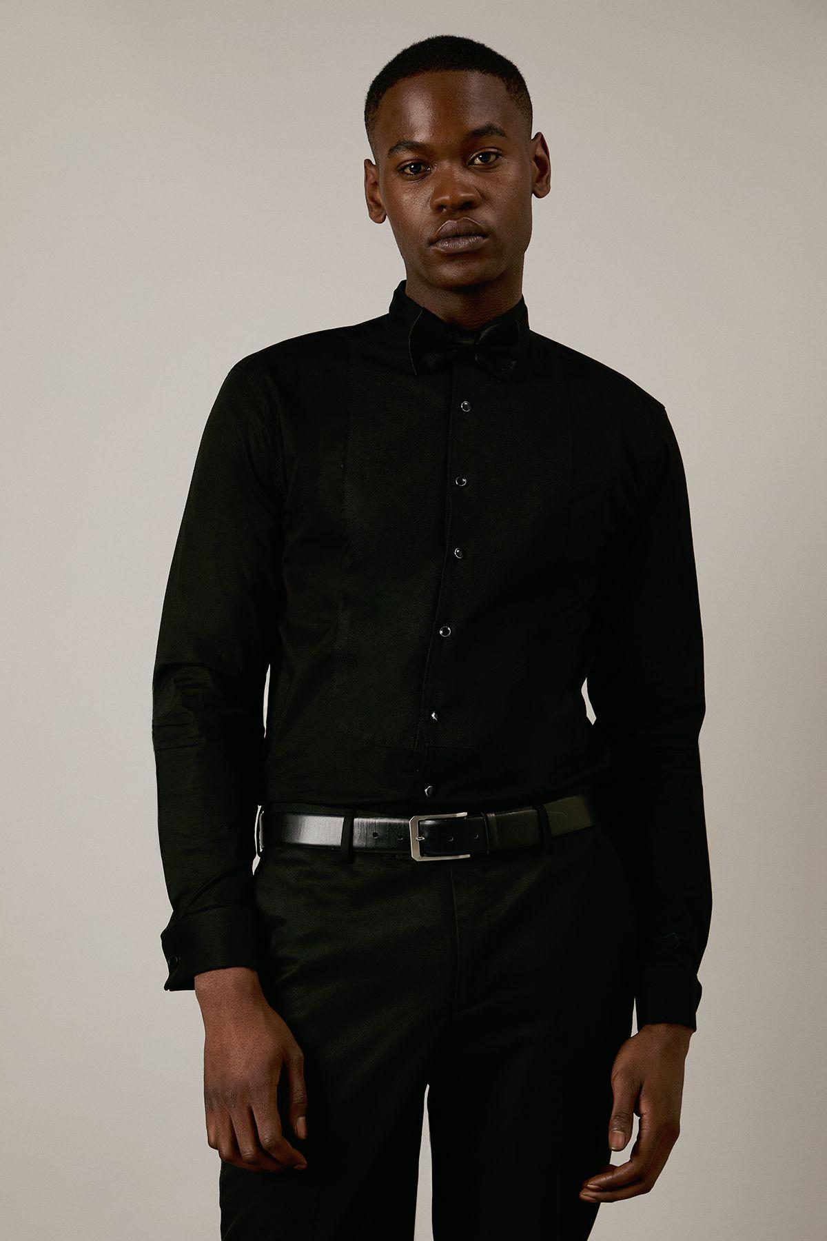 Black Wing Collar Bib Front Slim Fit Long Sleeve Dress Shirt by BURTON