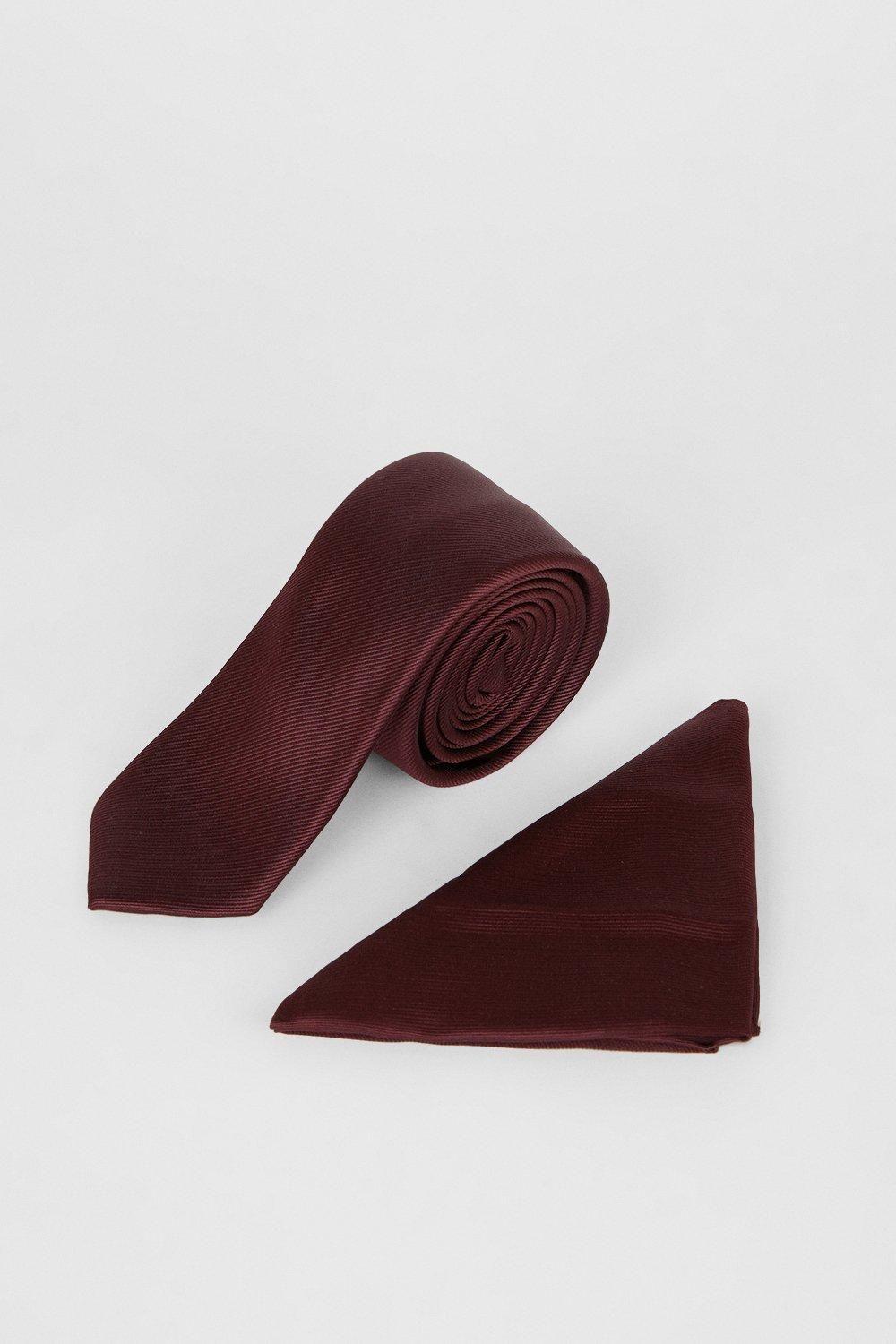 Burgundy Plain Tie And Pocket Square Set by BURTON