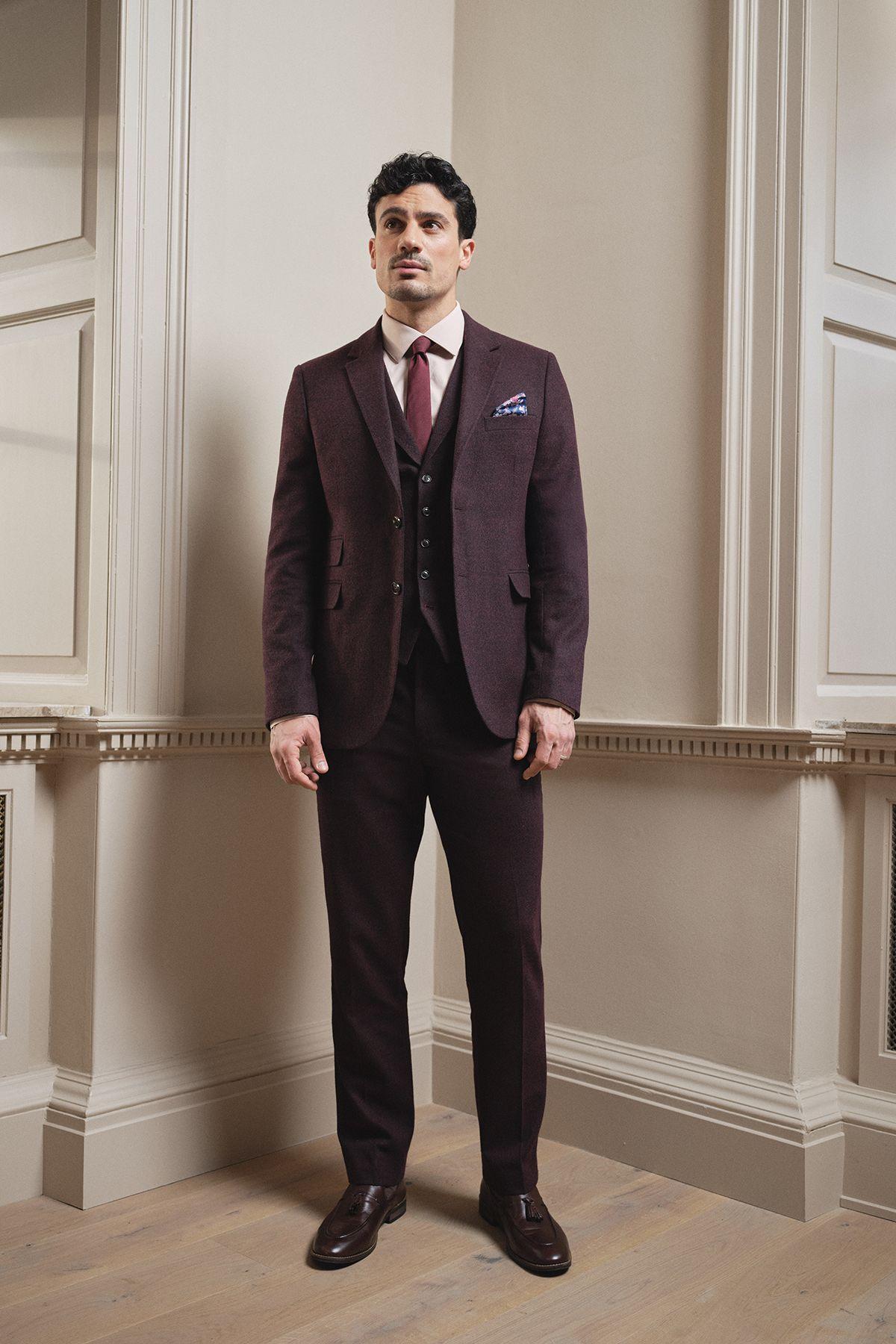 Burgundy Tweed Look Tailored Fit Trousers by BURTON