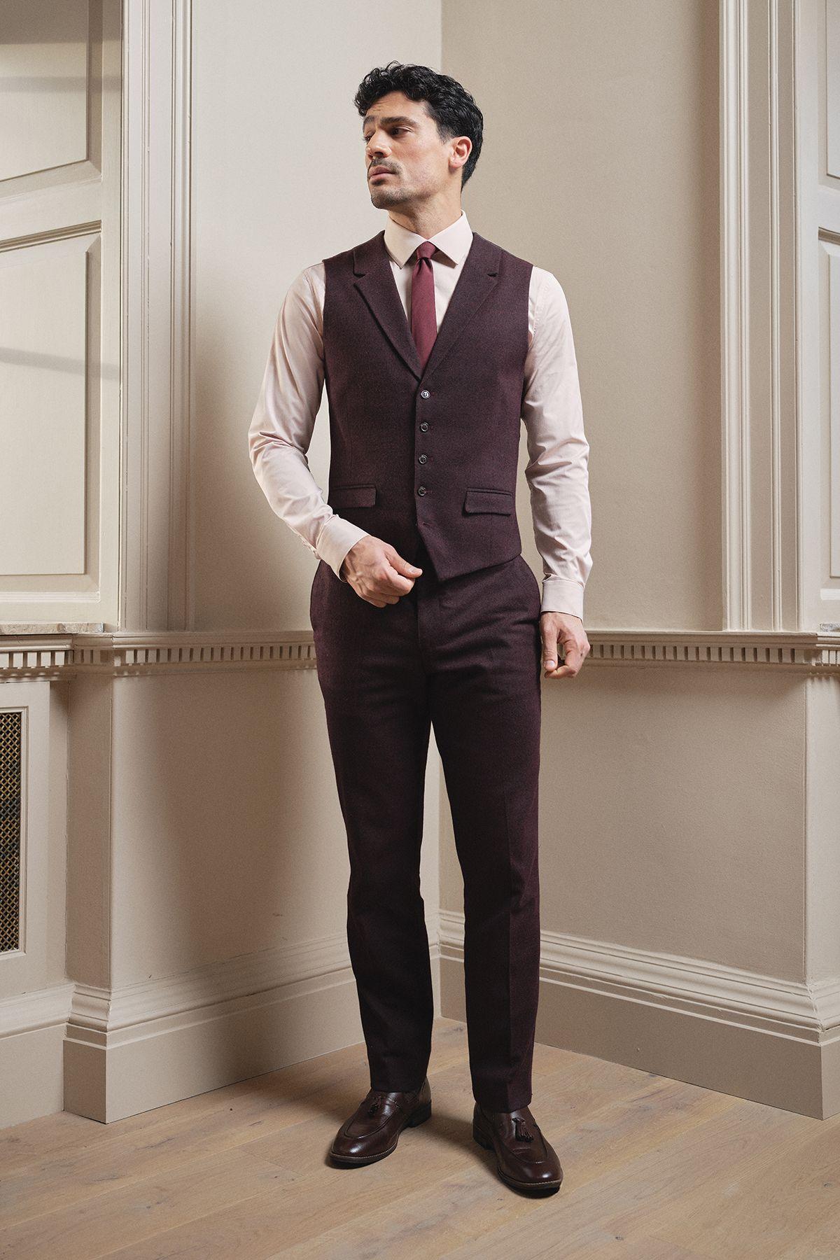 Burgundy Tweed Look Waiscoat by BURTON