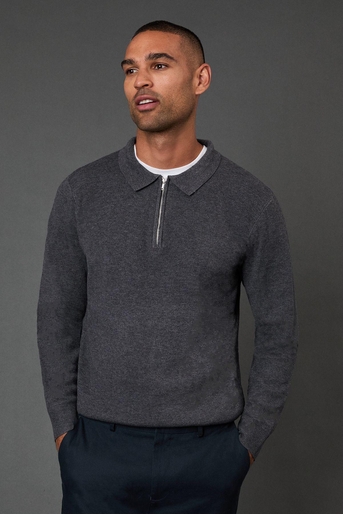Charcoal Knitted Long Sleeve Zip Neck Polo Shirt by BURTON