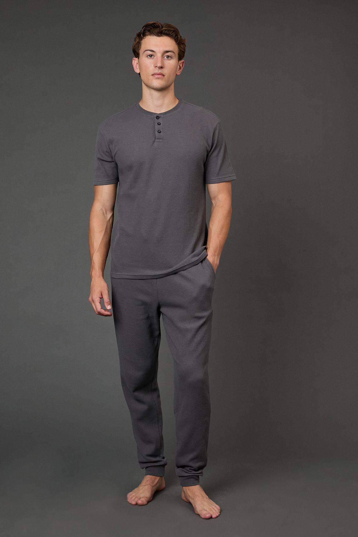 Charcoal Waffle Short Sleeve Grandad and Jogger Set by BURTON