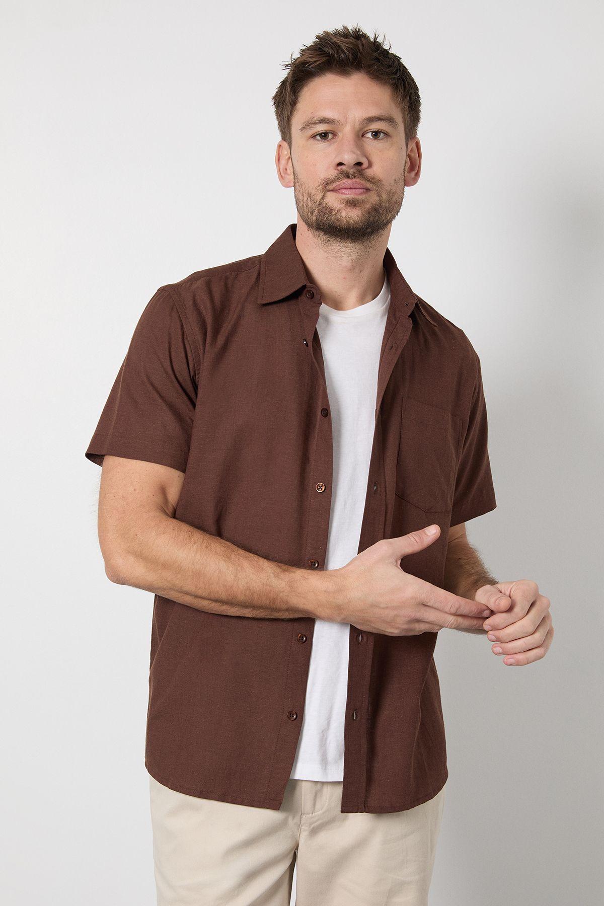 Chocolate Linen Blend Short Sleeve Shirt by BURTON