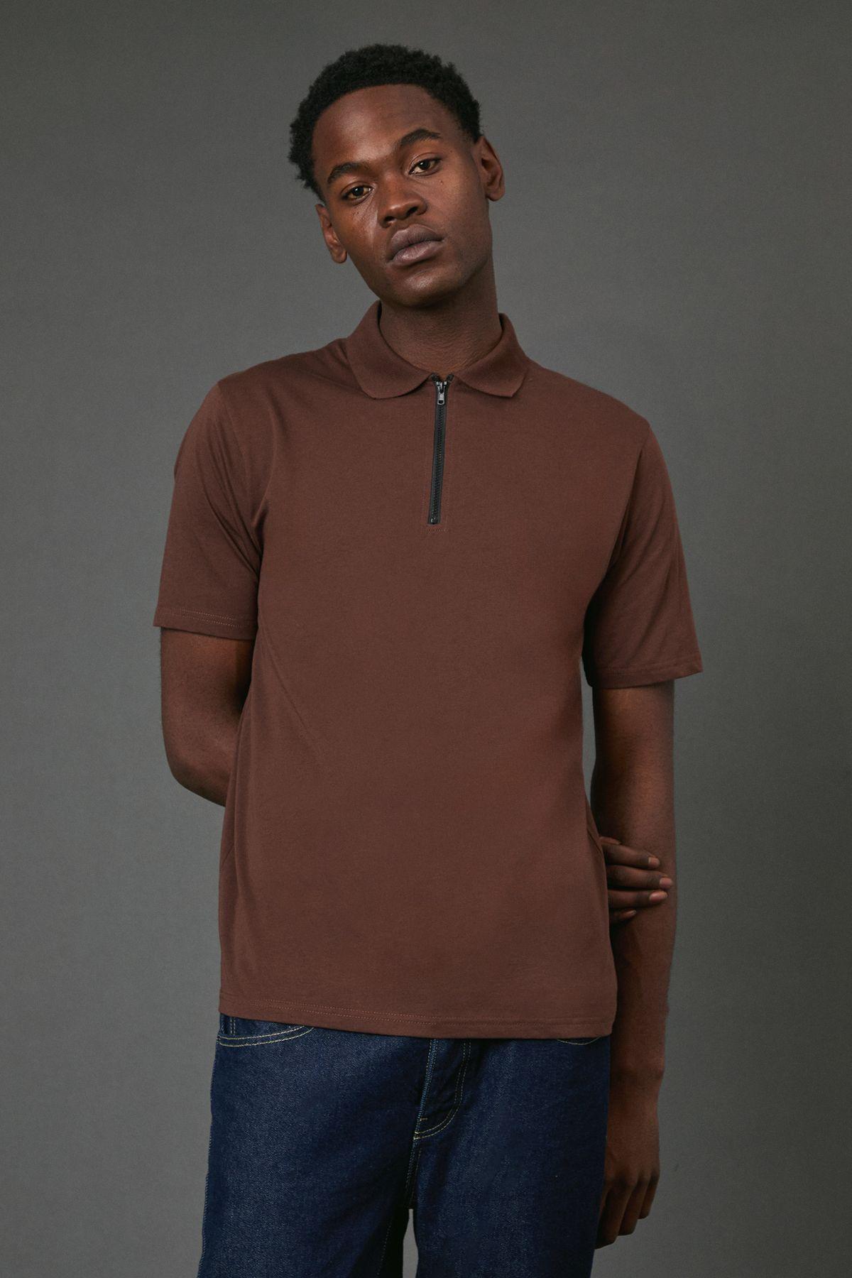 Chocolate Zip Neck Polo Shirt by BURTON