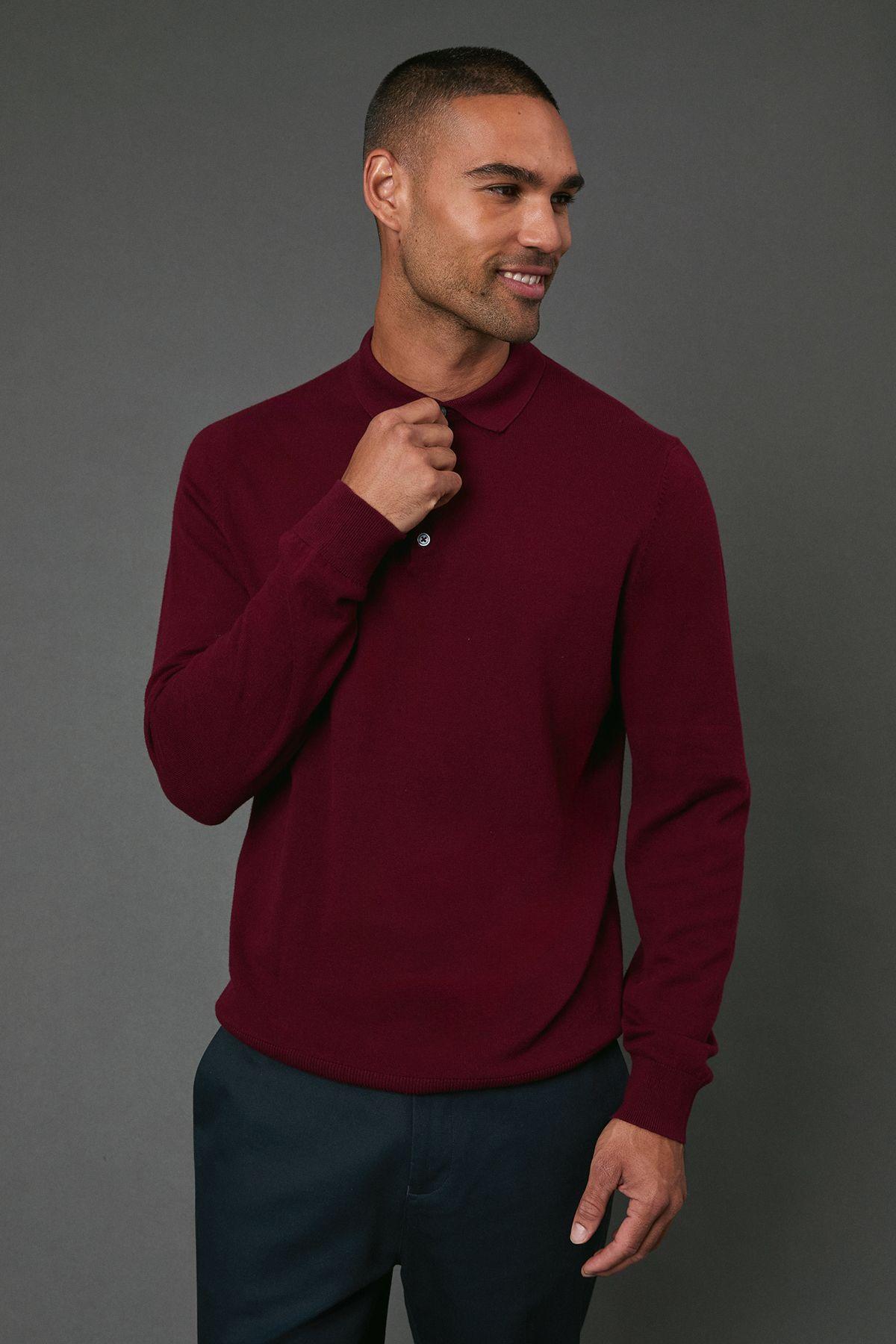Cotton Rich Long Sleeve Knitted Polo by BURTON