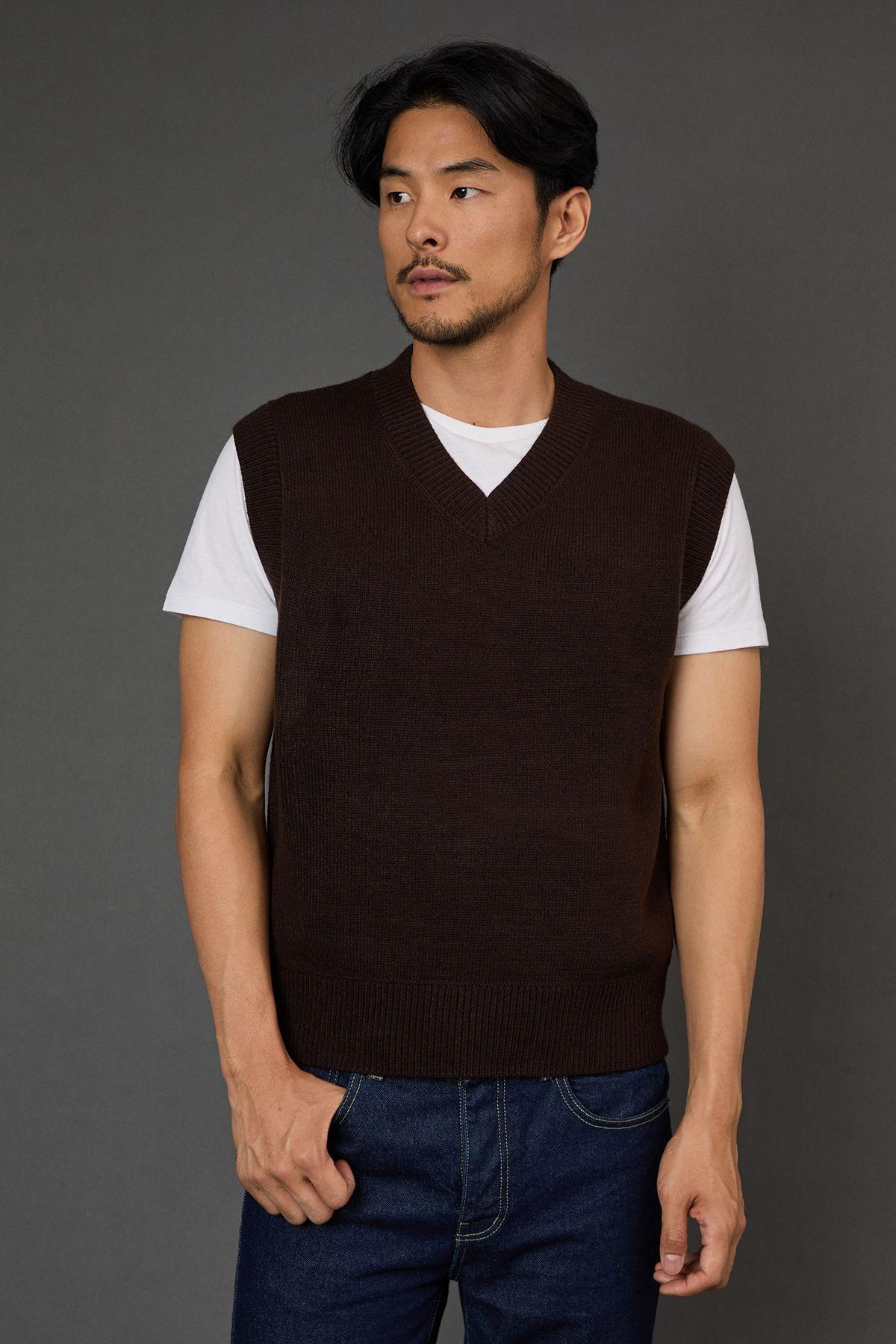 Dark Brown Knitted V Neck Tank by BURTON