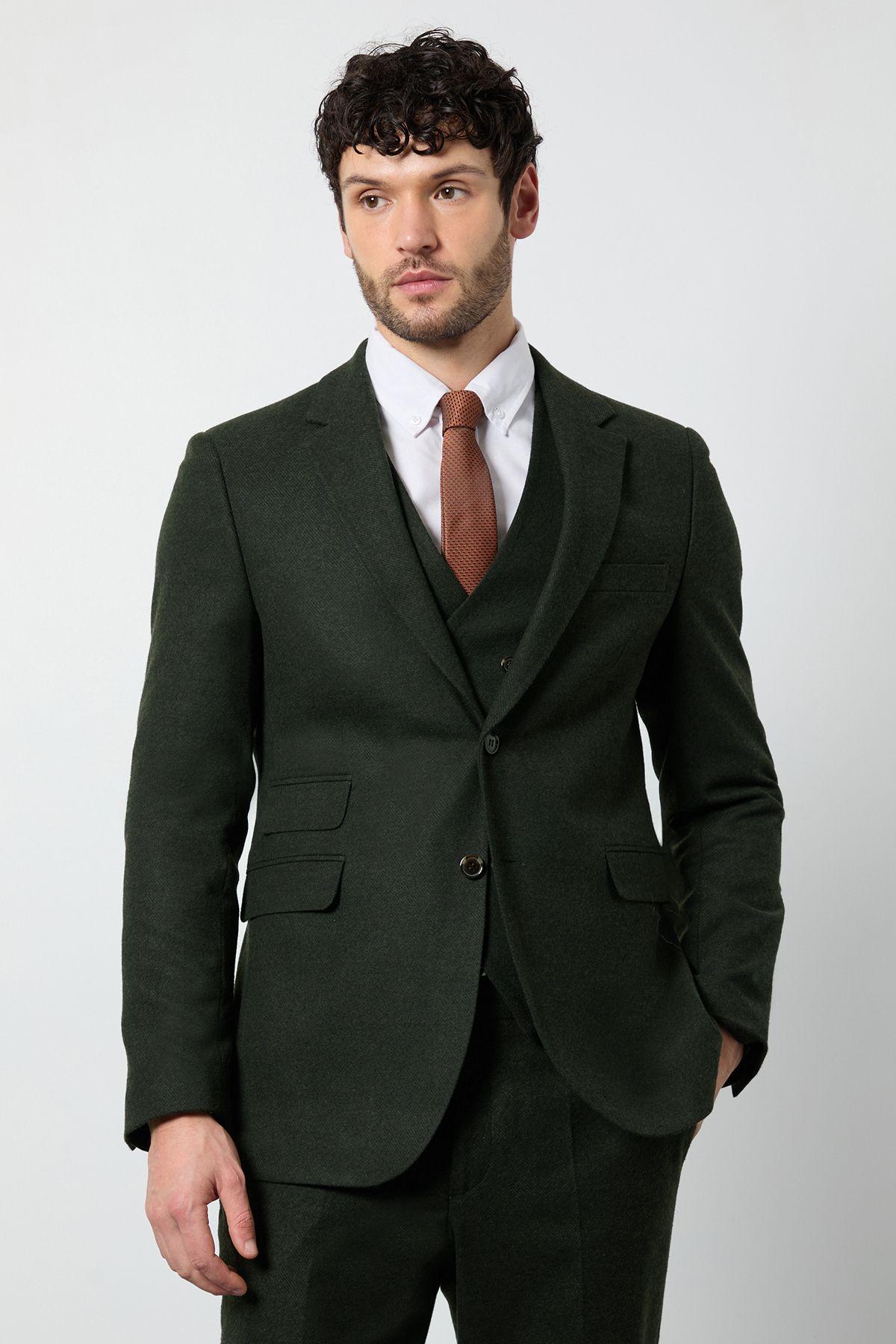 Dark Green Tweed Look Tailored Fit Jacket by BURTON