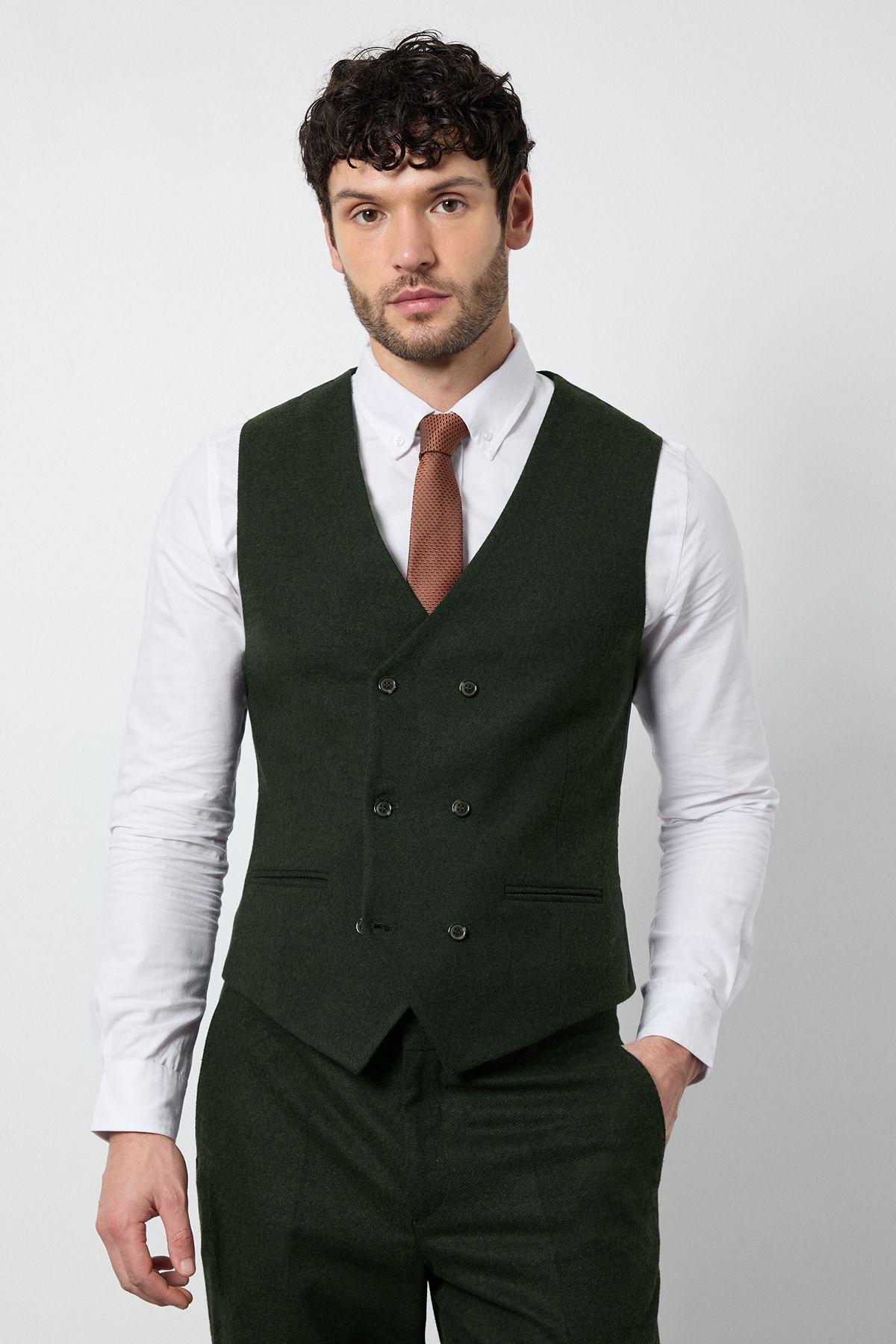 Dark Green Tweed Look Waiscoat by BURTON