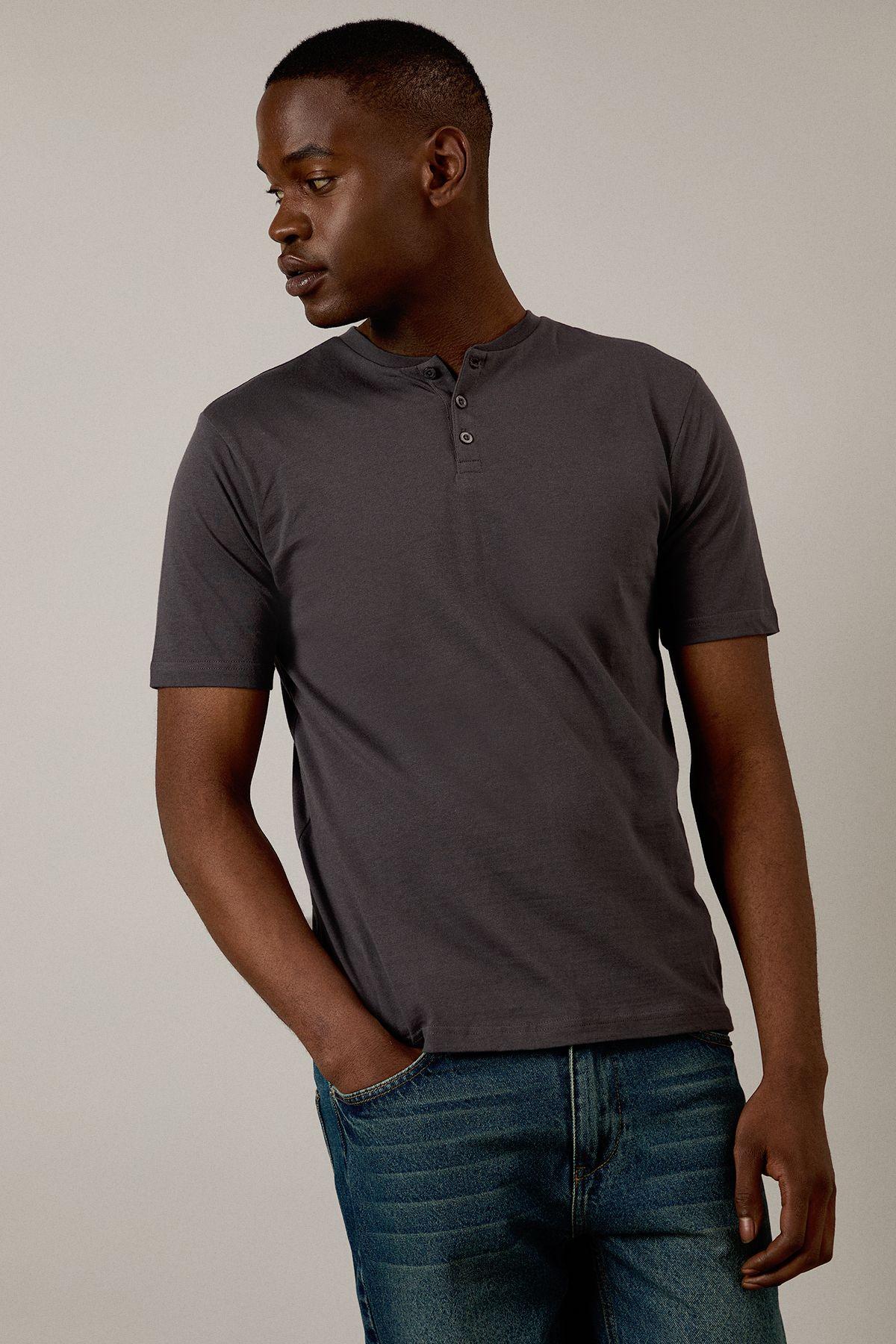 Dark Grey Grandad Neck T-shirt by BURTON