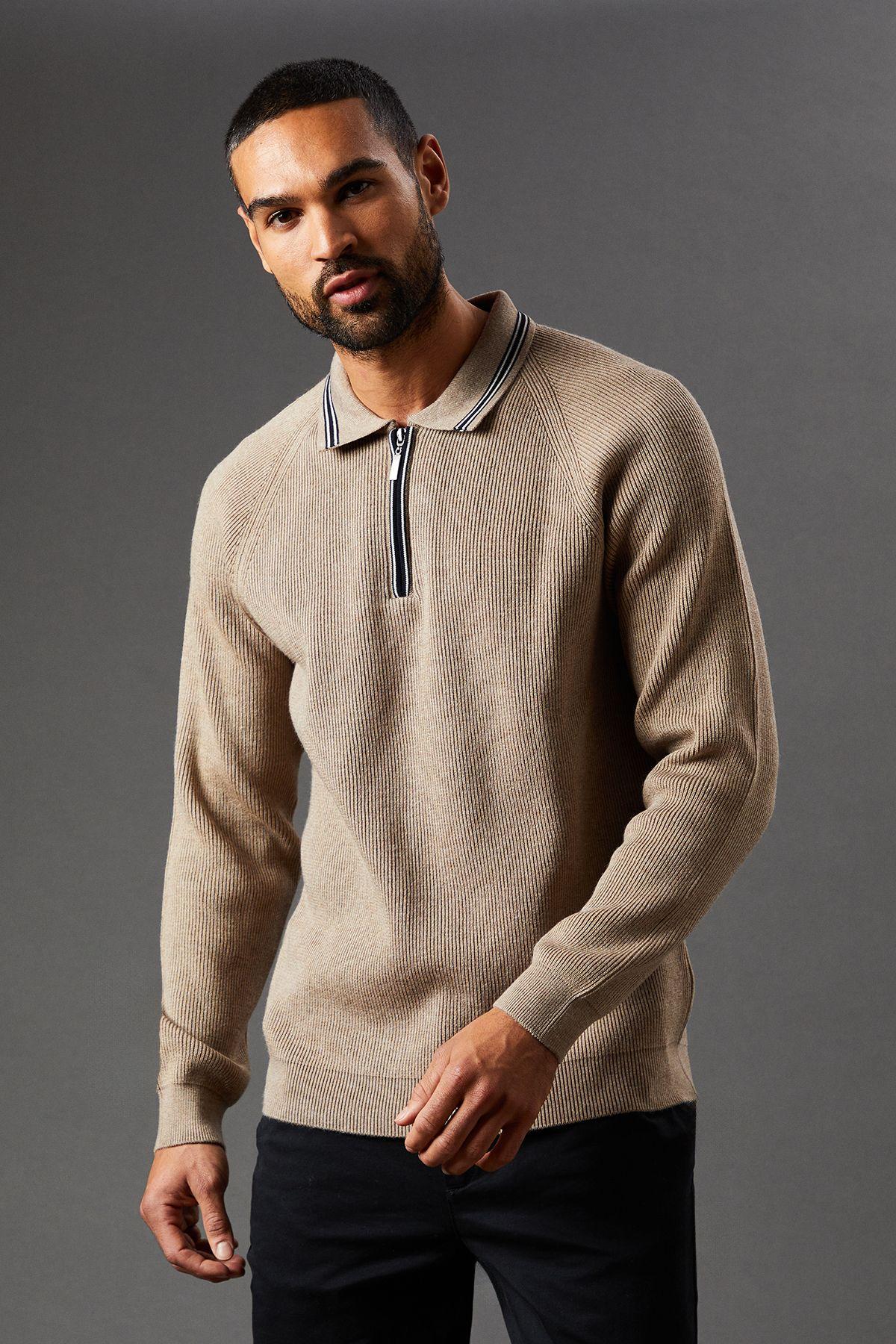 Fine Gauge Long Sleeve Zip Neck Knitted Polo by BURTON