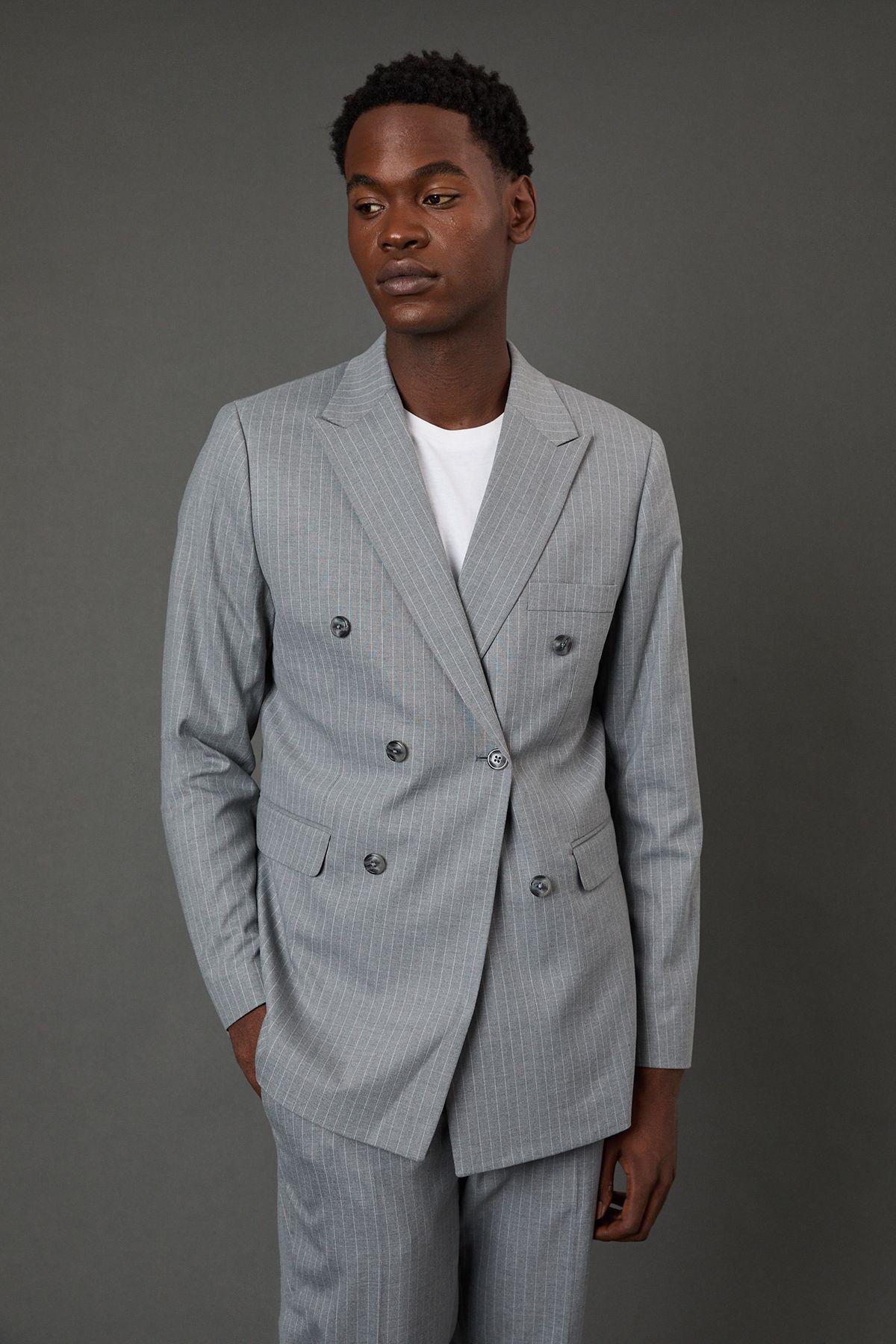 Grey Pinstripe Double Breasted Blazer by BURTON