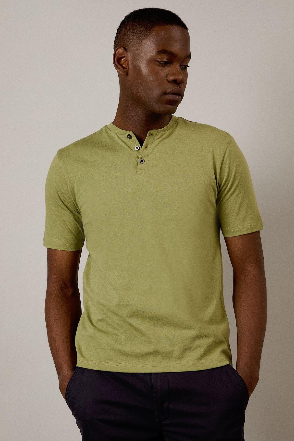 Khaki Grandad Neck T-shirt by BURTON