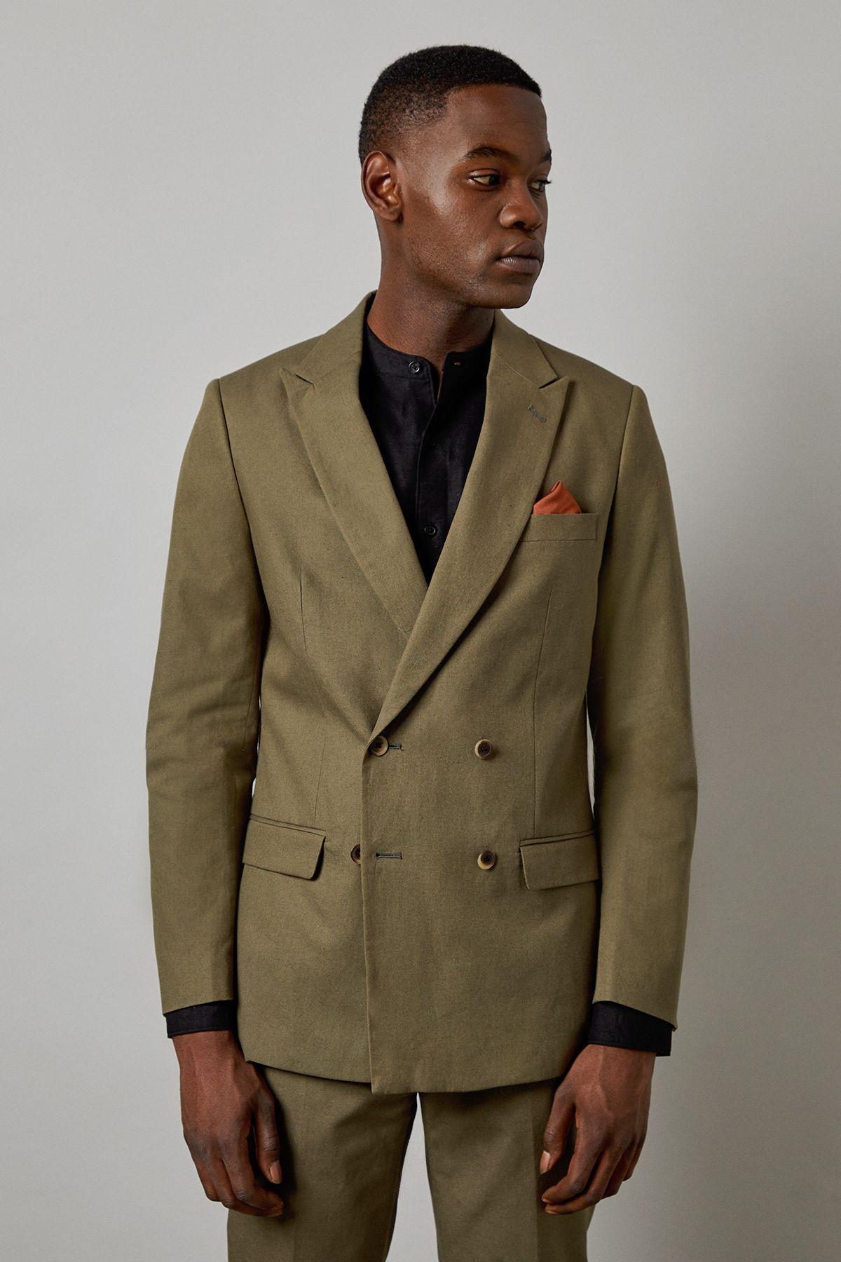 Khaki Linen Double Breasted Suit Jacket by BURTON