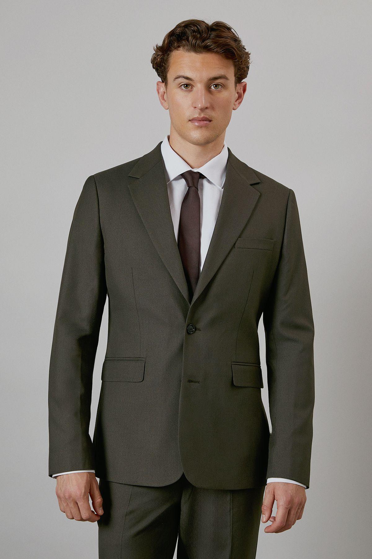Khaki Textured Stretch Slim Fit Suit Jacket by BURTON Khaki Textured Stretch Slim Fit Suit Jacket by BURTON