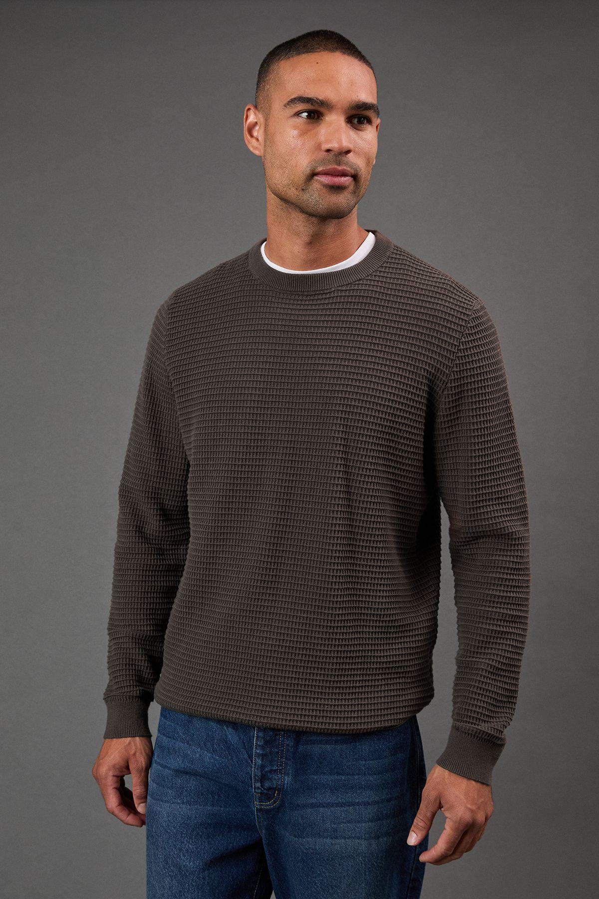 Khaki Waffle Crew Neck Knitted Jumper by BURTON