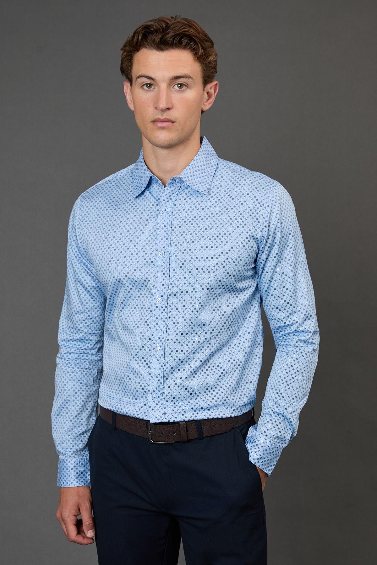 Light Blue Geometric Print Slim Fit Long Sleeve Shirt by BURTON