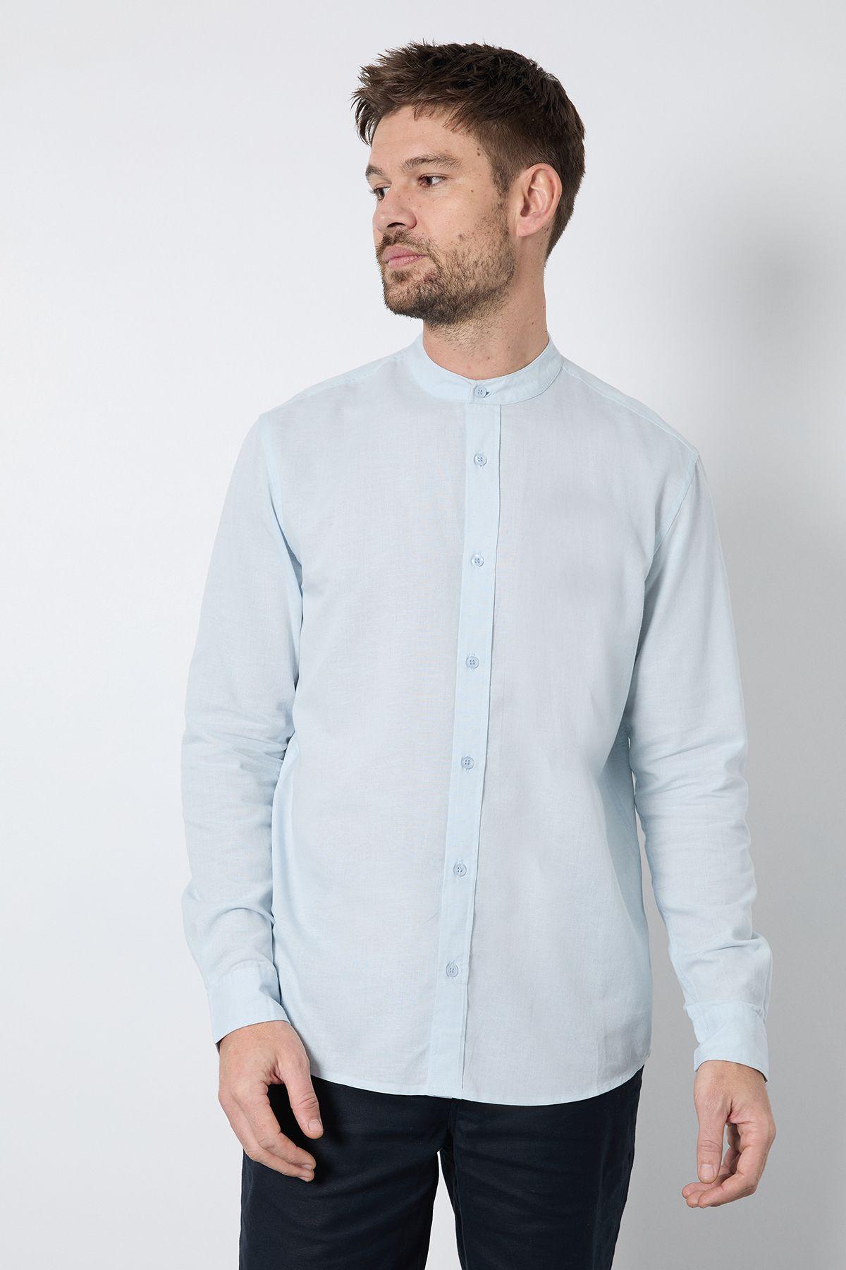Light Blue Linen Blend Grandad Collar Shirt by BURTON
