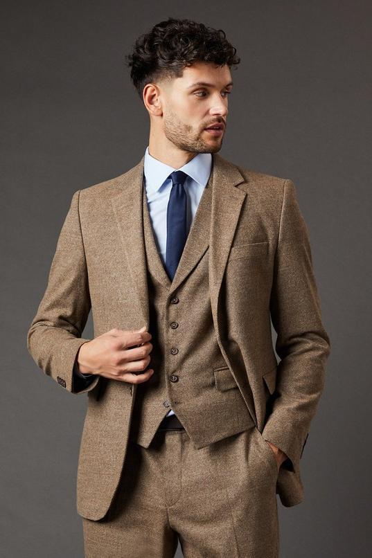 Light Brown Tweed Look Tailored Fit Suit Jacket by BURTON