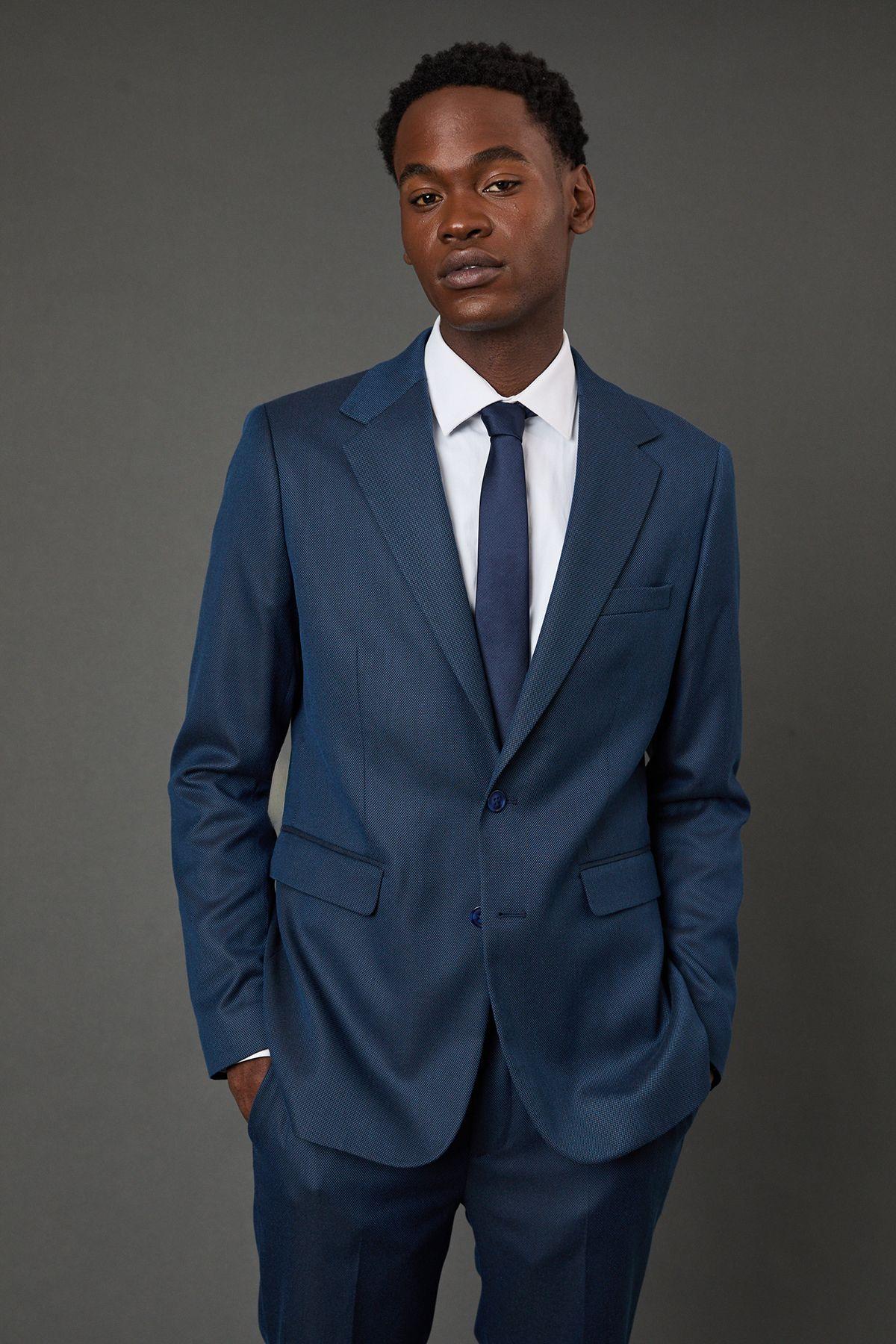Navy Birdseye Stretch Slim Fit Suit Jacket by BURTON