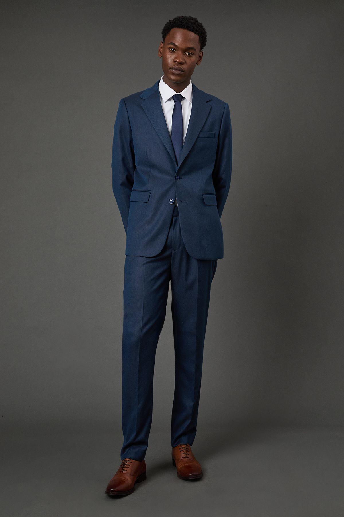 Navy Birdseye Stretch Slim Fit Suit Trousers by BURTON