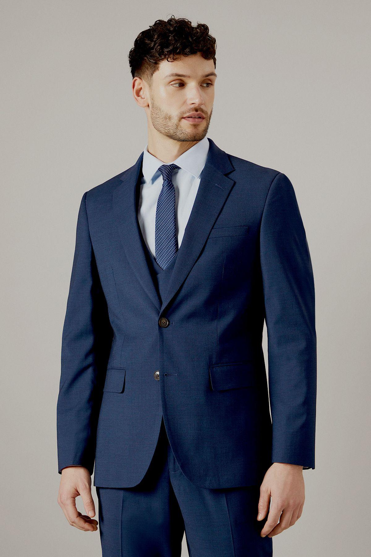 Navy Blue Check Tailored Fit Suit Jacket by BURTON