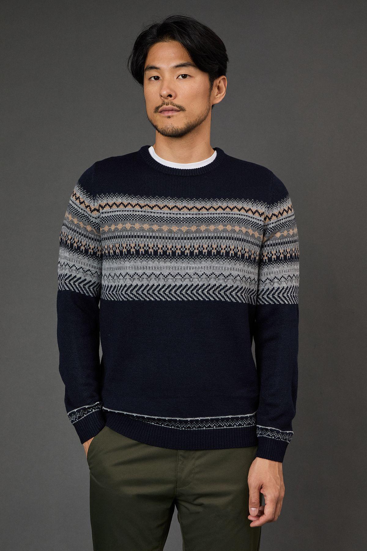 Navy Fairisle Placement Christmas Jumper by BURTON