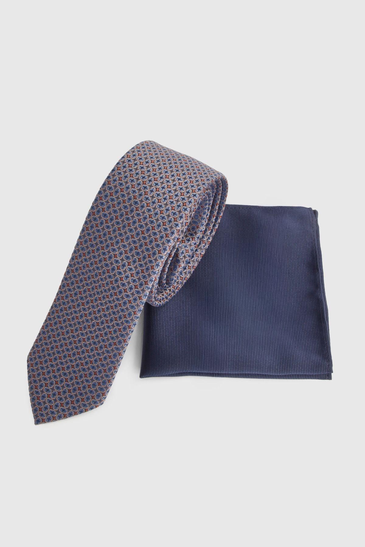 Navy Foulard Tie and Pocket Square by BURTON