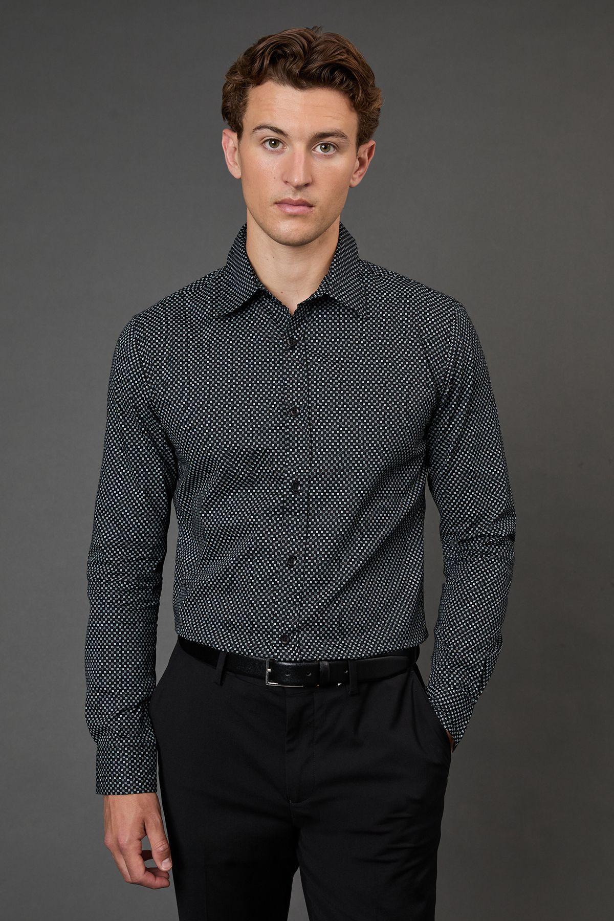 Navy Geometric Print Slim Fit Long Sleeve Shirt by BURTON