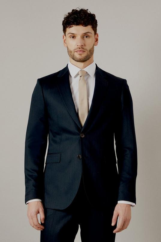 Navy Herringbone Tailored Fit Suit Jacket by BURTON